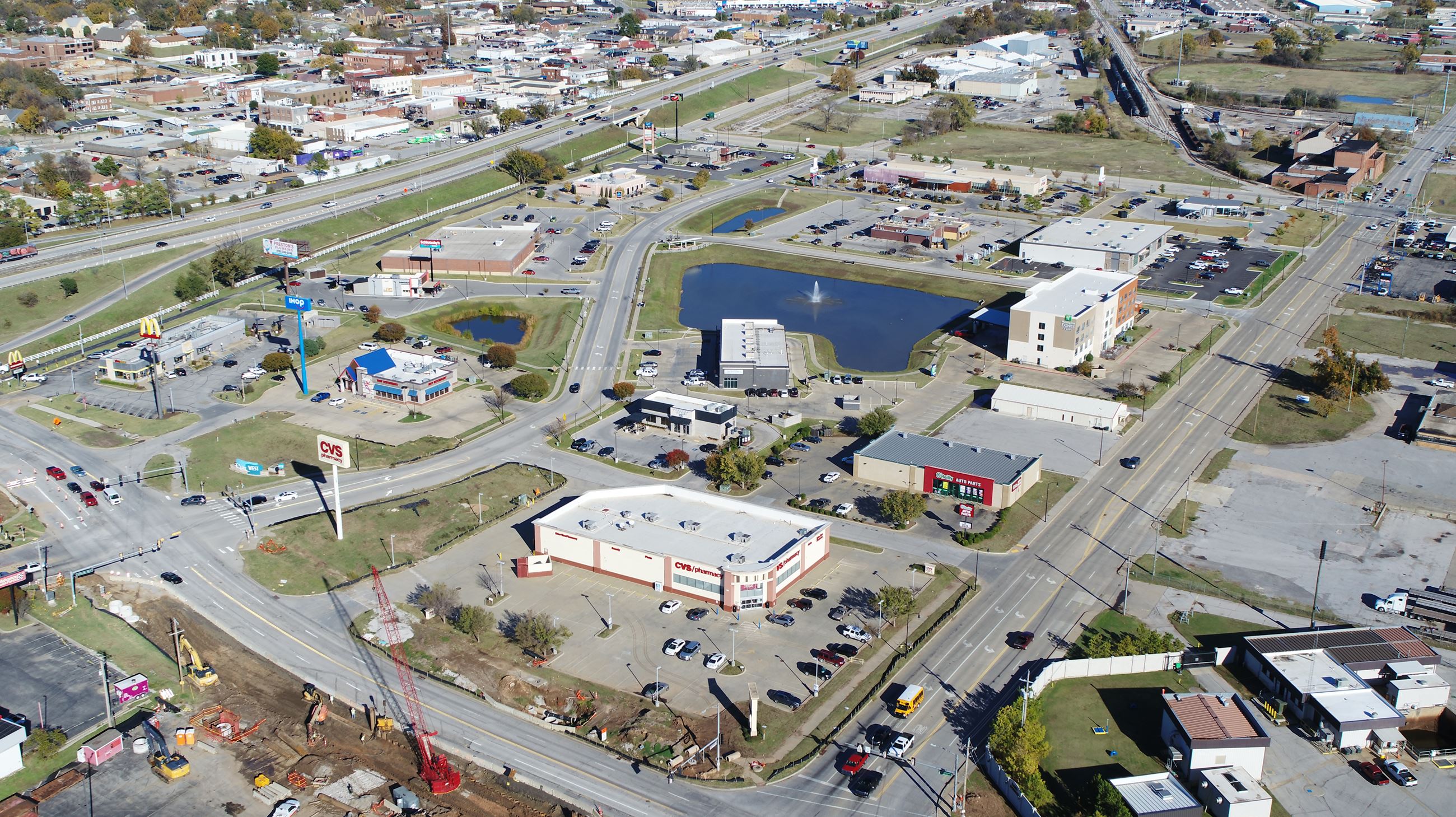 overhead drone photo of River West retail area
